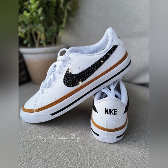 Bling Nike Court Legacy White Sneakers made with Black Crystals Custom Womens - Picture 6 of 7